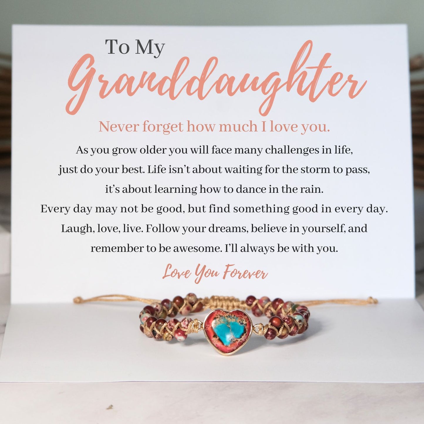 To My Granddaughter Love You Forever - Jasper Heart Bracelet