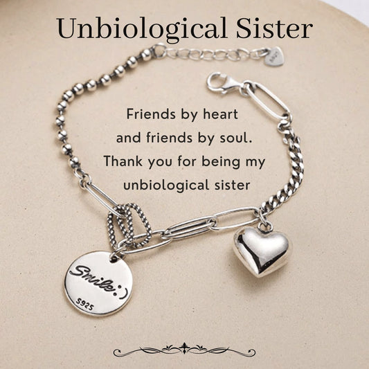 Unbiological Sister Smile and Heart Charm Bracelet