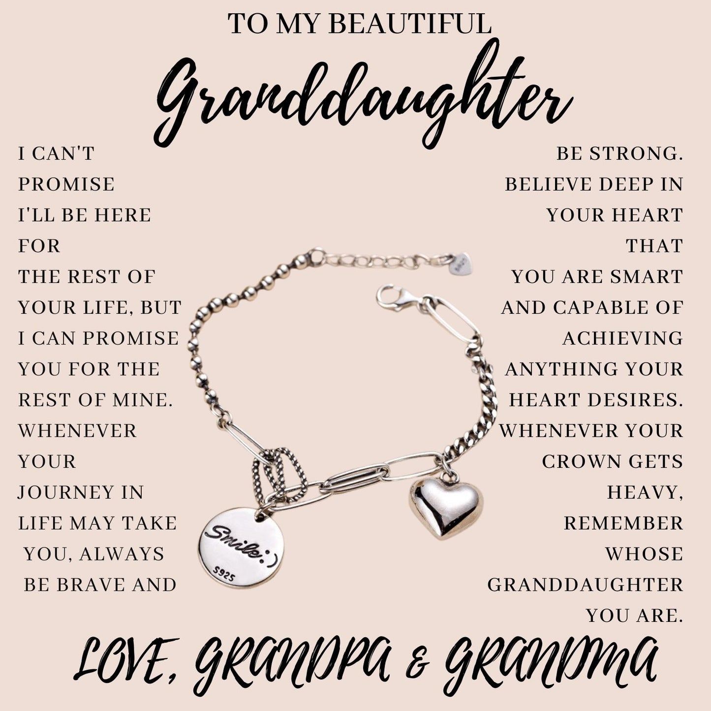 Granddaughter Remember - Smile and Heart Charm Bracelet