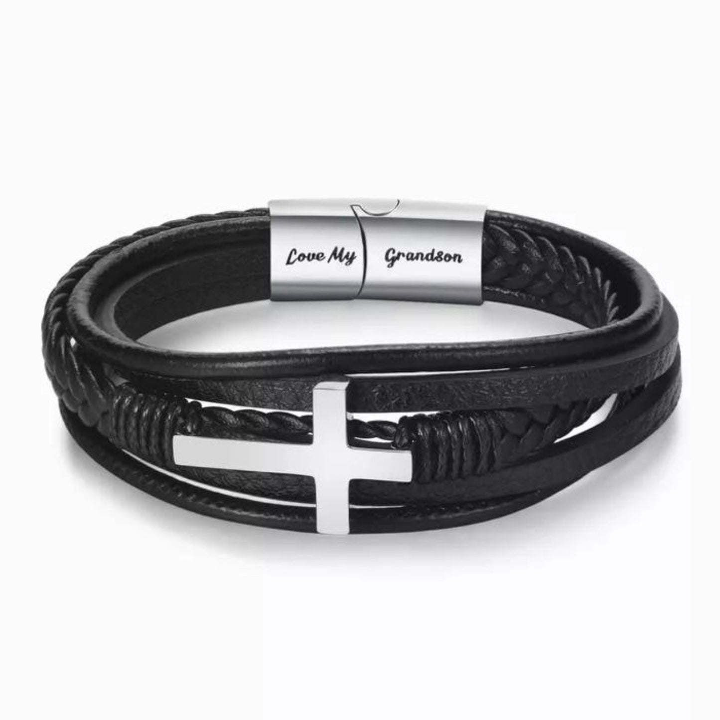 To My Grandson Pray Through It Leather Cross Bracelet